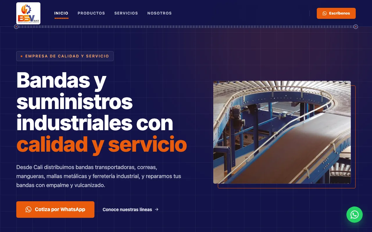 Bandas y Suministros del Valle · Colombia: Sitio web con catálogo para distribuidor de suministros industriales
